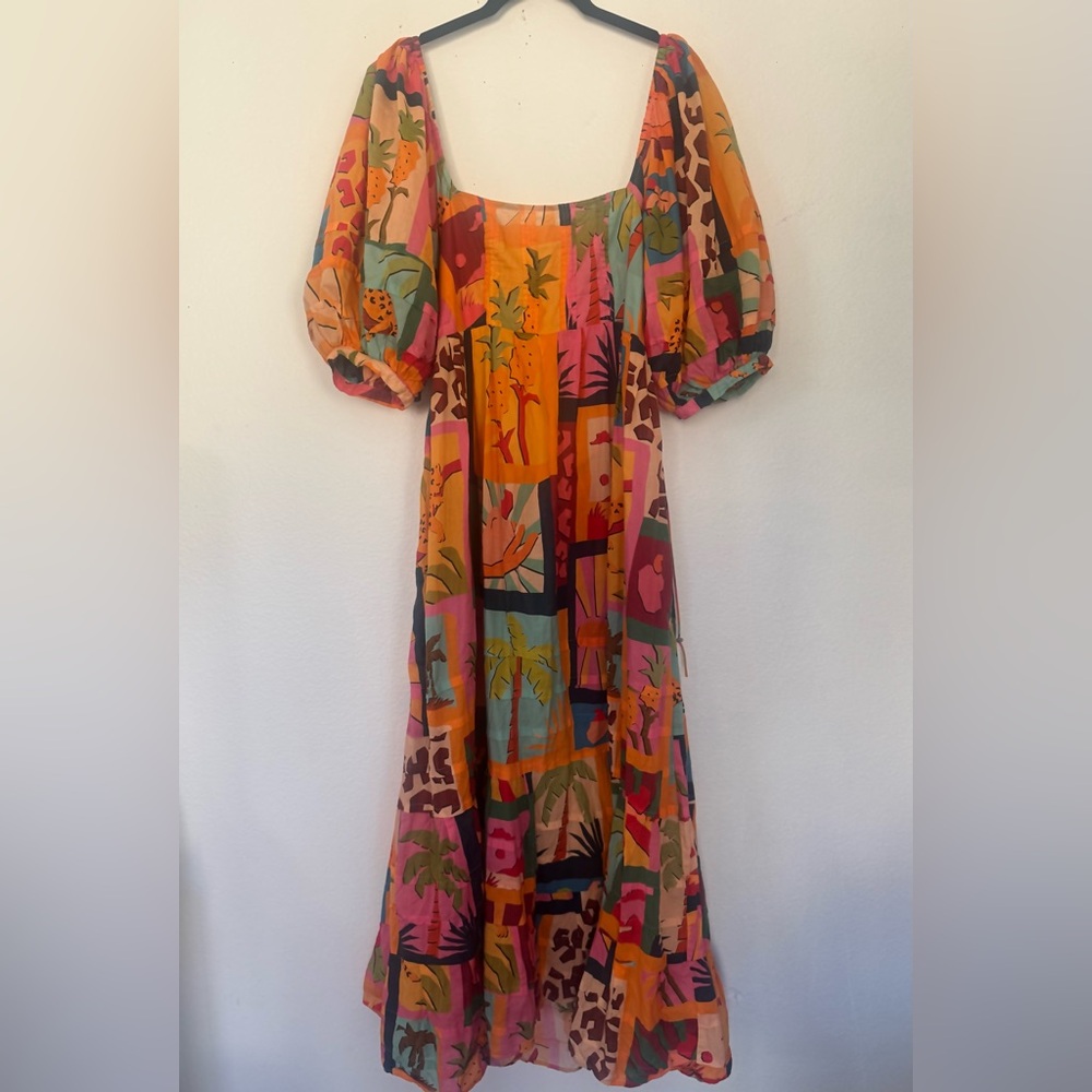 FARM Rio Tropical Collage Midi Square Neck Womens Dress Size L large Colorful - Picture 5 of 16